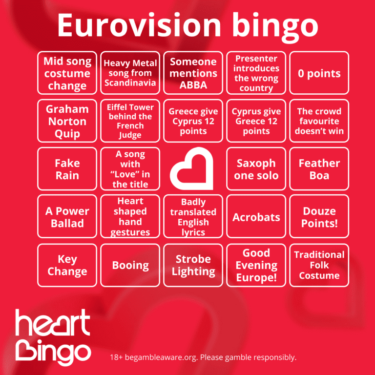 Eurovision Bingo Cards Party Game Heart Bingo