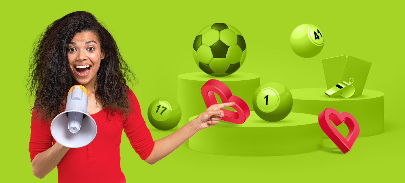 Woman with megaphone and green football in background
