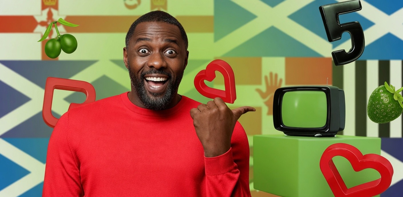 A man resembling Idris Elba, wearing a bright red sweater, smiles excitedly with wide eyes while pointing at himself. He stands against a vibrant, colorful background featuring Scottish, Northern Irish, Geordie (black and white), and Scouse/Liverpool flag colors and patterns. Floating around him are green cherries, red hearts, an old-school television on a green block, a strawberry, and a large black number 5