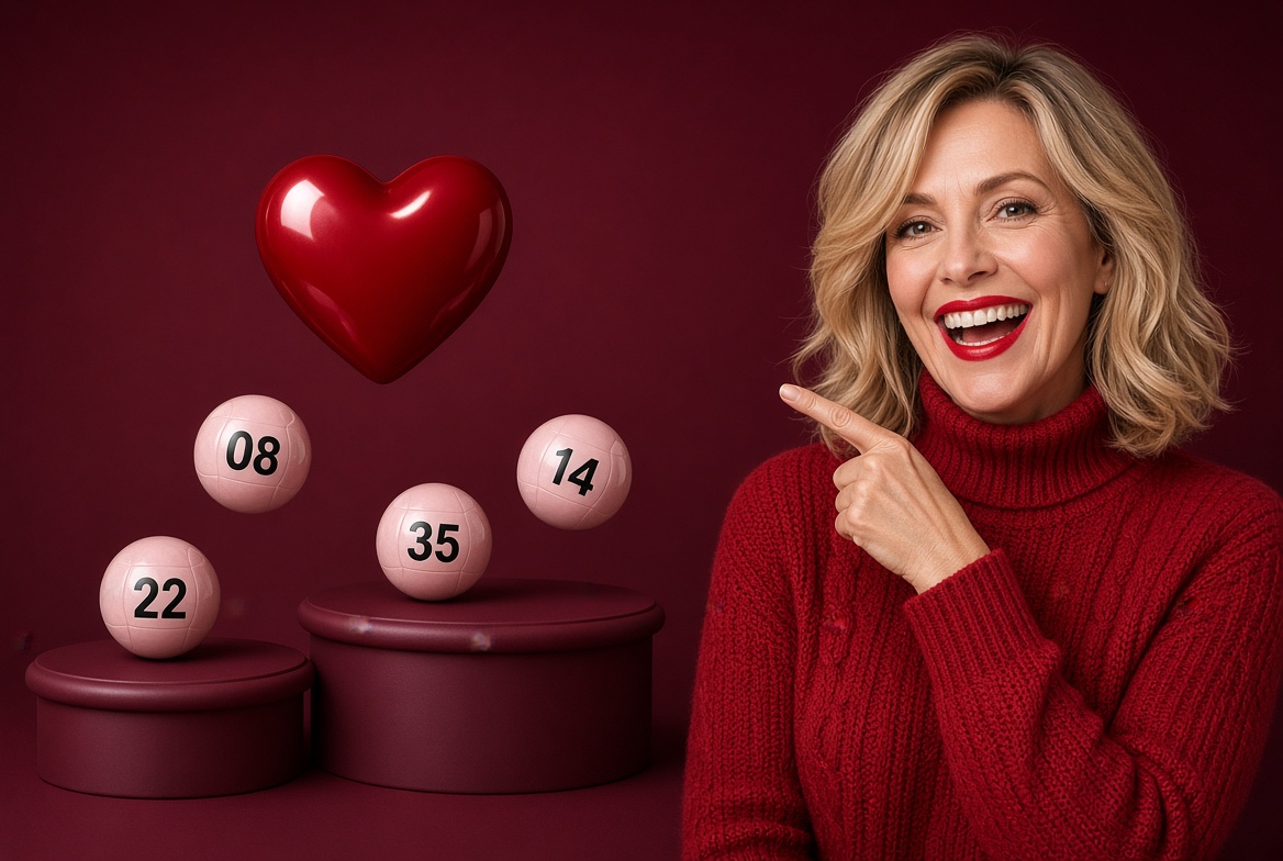 Smiling woman in red sweater, heart & balls
