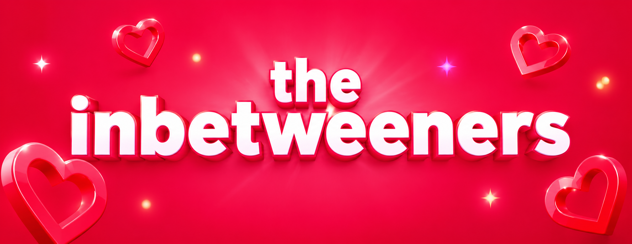The Inbetweeners logo in bold white lettering on a vibrant red and pink background with glossy hearts and glowing sparkles.